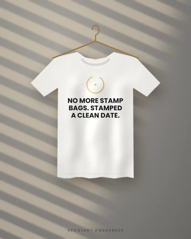 No More Stamp Bags. Stamped A Clean Date. — white tee