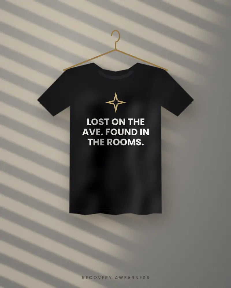 Lost On The Ave. Found In The Rooms. — black tee
